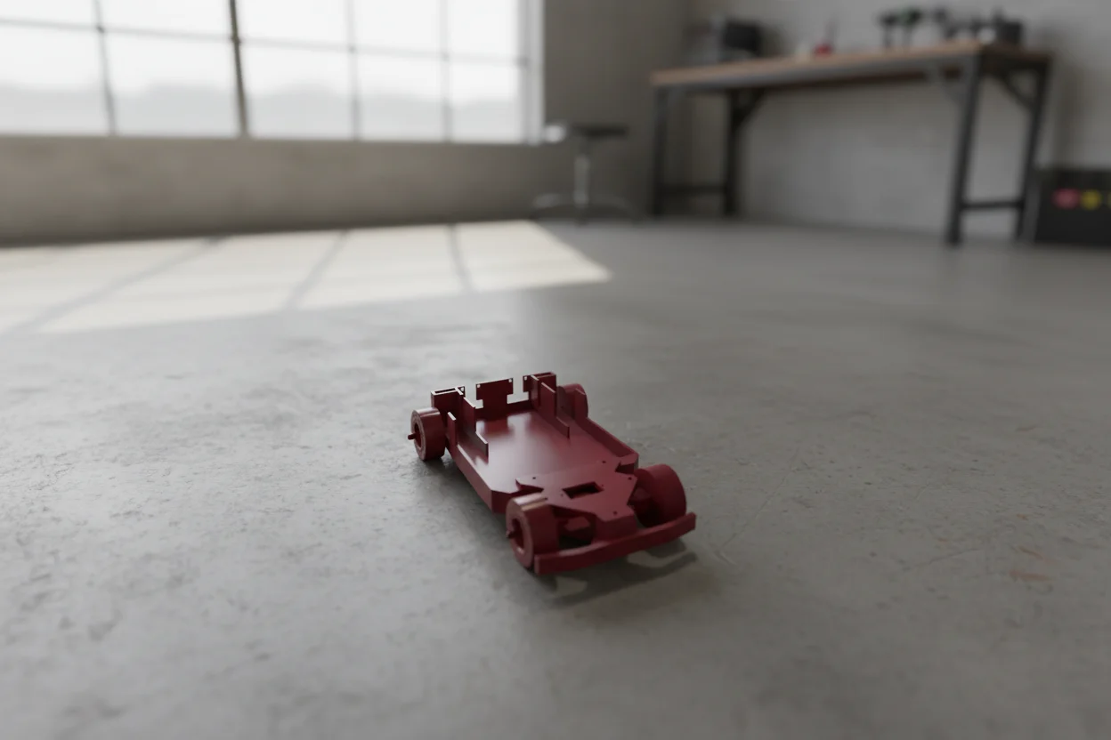 3D render of the adapted self-driving car chassis with cleaned rear section, TT motor mounts, and sensor mounts